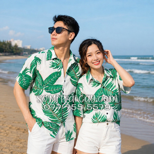 Áo Sơ Mi Đũi Họa Tiết Lá Cây Xanh Tropical Nam Nữ