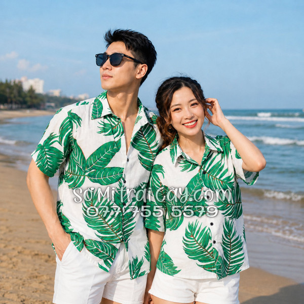Áo Sơ Mi Đũi Họa Tiết Lá Cây Xanh Tropical Nam Nữ