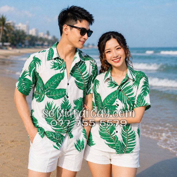 Áo Sơ Mi Đũi Họa Tiết Lá Cây Xanh Tropical Nam Nữ