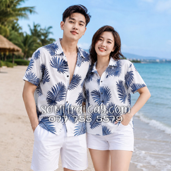 Áo Sơ Mi Đũi Họa Tiết Lá Cọ Tropical Xanh Navy Nam Nữ