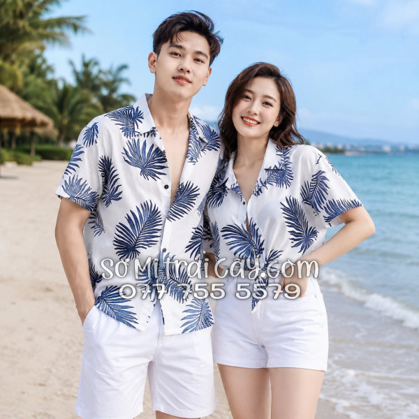 Áo Sơ Mi Đũi Họa Tiết Lá Cọ Tropical Xanh Navy Nam Nữ