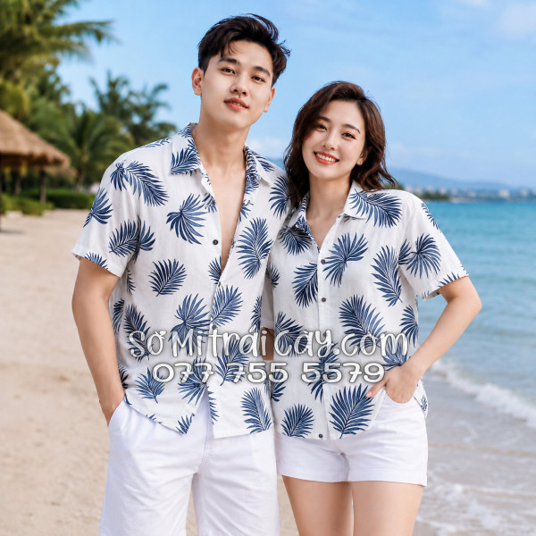 Áo Sơ Mi Đũi Họa Tiết Lá Cọ Tropical Xanh Navy Nam Nữ