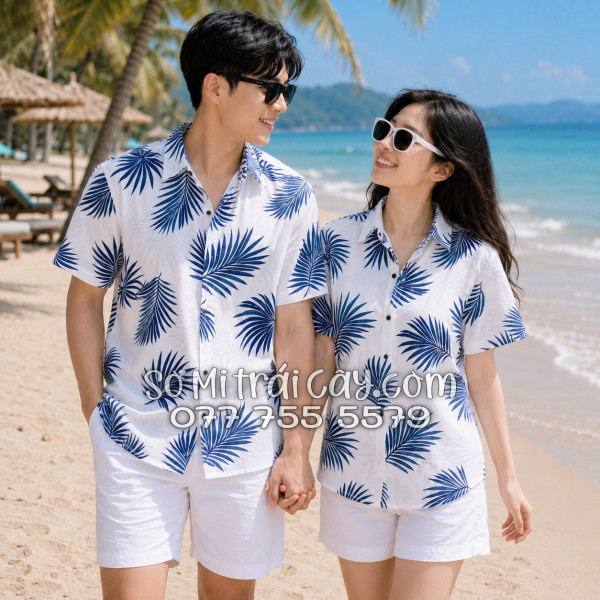 Áo Sơ Mi Đũi Họa Tiết Lá Cọ Tropical Xanh Navy Nam Nữ