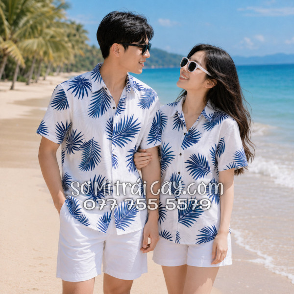 Áo Sơ Mi Đũi Họa Tiết Lá Cọ Tropical Xanh Navy Nam Nữ