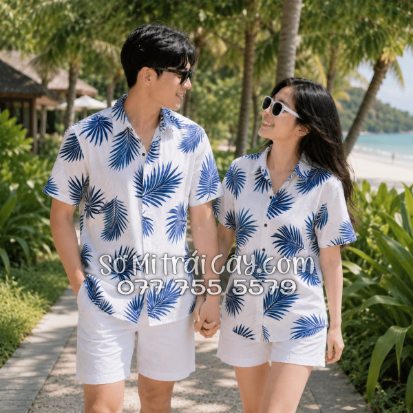 Áo Sơ Mi Đũi Họa Tiết Lá Cọ Tropical Xanh Navy Nam Nữ