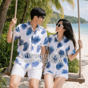 Áo Sơ Mi Đũi Họa Tiết Lá Cọ Tropical Xanh Navy Nam Nữ