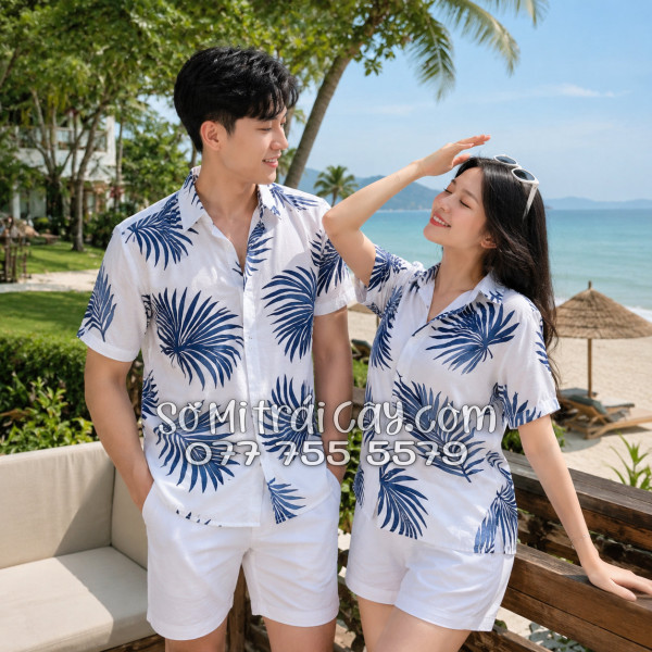 Áo Sơ Mi Đũi Họa Tiết Lá Cọ Tropical Xanh Navy Nam Nữ