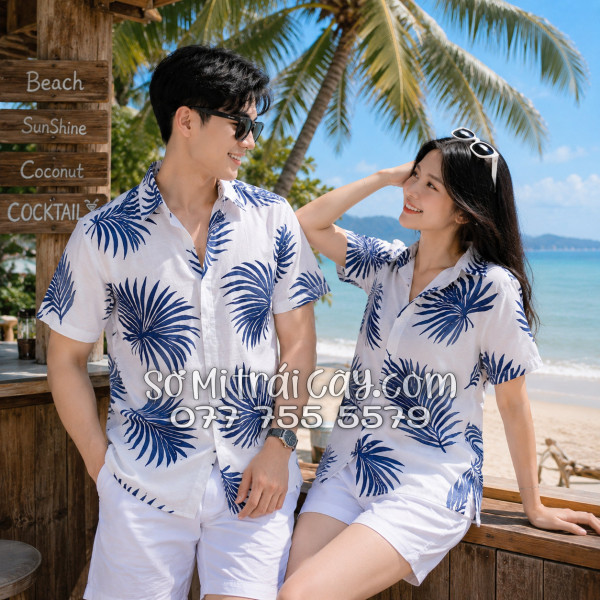 Áo Sơ Mi Đũi Họa Tiết Lá Cọ Tropical Xanh Navy Nam Nữ