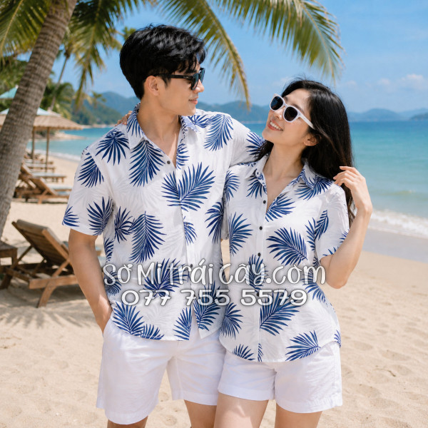 Áo Sơ Mi Đũi Họa Tiết Lá Cọ Tropical Xanh Navy Nam Nữ