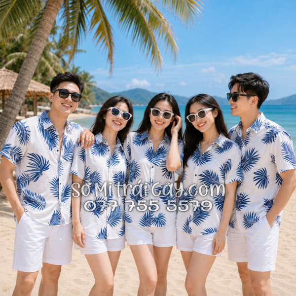 Áo Sơ Mi Đũi Họa Tiết Lá Cọ Tropical Xanh Navy Nam Nữ