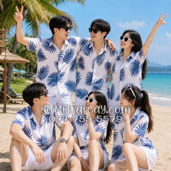 Áo Sơ Mi Đũi Họa Tiết Lá Cọ Tropical Xanh Navy Nam Nữ