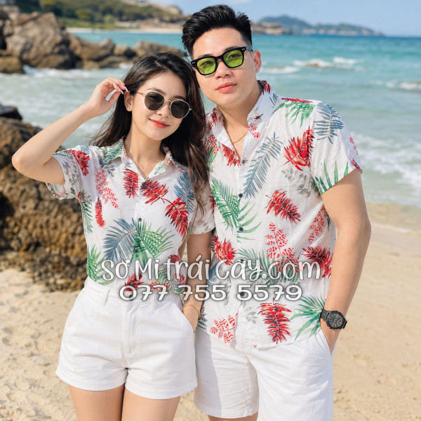 Áo Sơ Mi Đũi Họa Tiết Lá Đỏ Xanh Tropical Nam Nữ