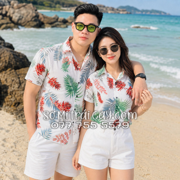 Áo Sơ Mi Đũi Họa Tiết Lá Đỏ Xanh Tropical Nam Nữ