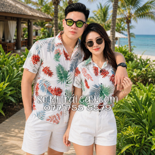 Áo Sơ Mi Đũi Họa Tiết Lá Đỏ Xanh Tropical Nam Nữ