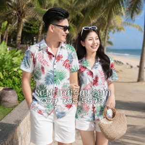 Áo Sơ Mi Đũi Họa Tiết Lá Đỏ Xanh Tropical Nam Nữ