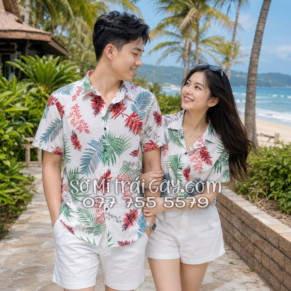 Áo Sơ Mi Đũi Họa Tiết Lá Đỏ Xanh Tropical Nam Nữ