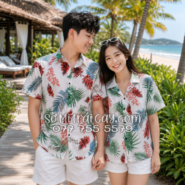 Áo Sơ Mi Đũi Họa Tiết Lá Đỏ Xanh Tropical Nam Nữ