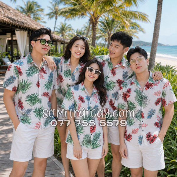 Áo Sơ Mi Đũi Họa Tiết Lá Đỏ Xanh Tropical Nam Nữ