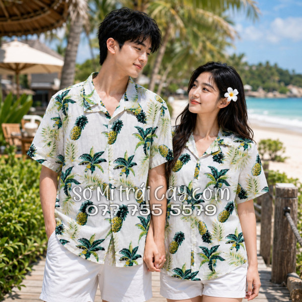 Áo Sơ Mi Trái Cây Vải Đũi Họa Tiết Thơm Dứa Cây Dừa