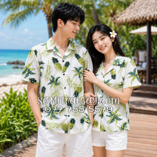 Áo Sơ Mi Trái Cây Vải Đũi Họa Tiết Thơm Dứa Cây Dừa