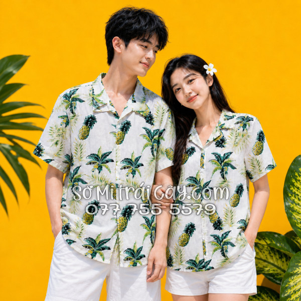 Áo Sơ Mi Trái Cây Vải Đũi Họa Tiết Thơm Dứa Cây Dừa