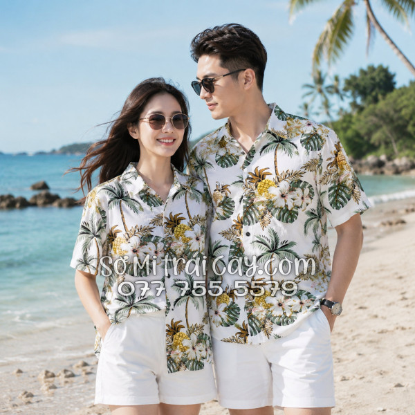Áo Sơ Mi Trái Cây Vải Đũi Họa Tiết Thơm Dứa Hoa Sứ Tropical