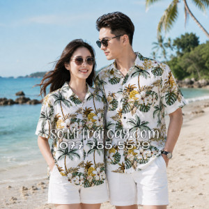 Áo Sơ Mi Trái Cây Vải Đũi Họa Tiết Thơm Dứa Hoa Sứ Tropical