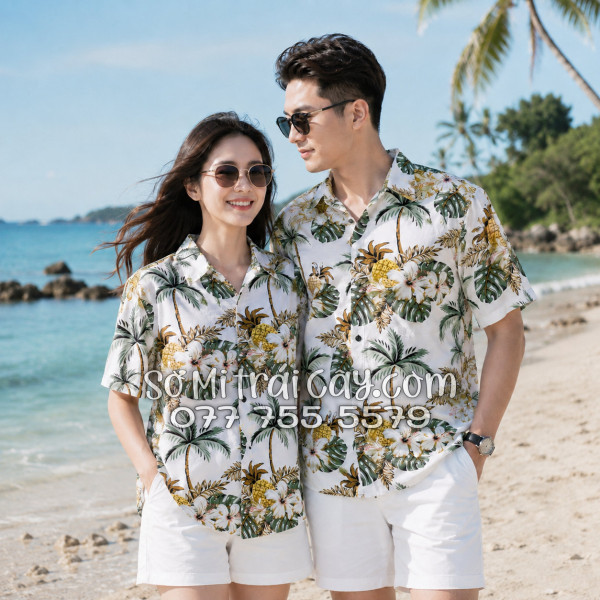 Áo Sơ Mi Trái Cây Vải Đũi Họa Tiết Thơm Dứa Hoa Sứ Tropical