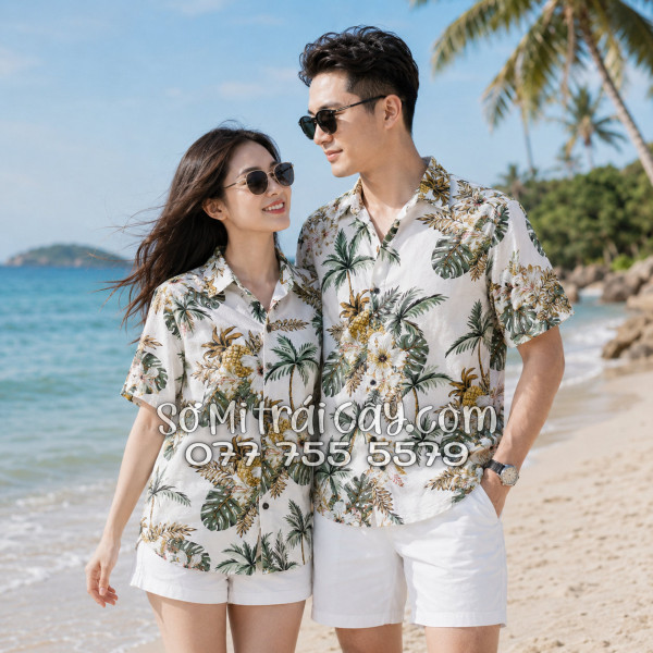 Áo Sơ Mi Trái Cây Vải Đũi Họa Tiết Thơm Dứa Hoa Sứ Tropical