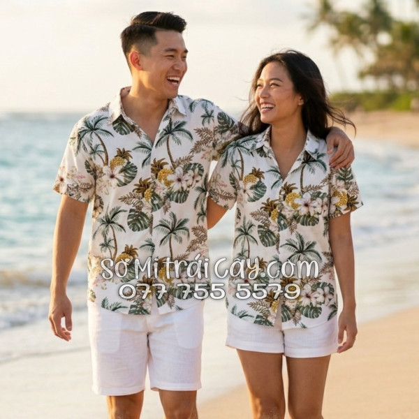 Áo Sơ Mi Trái Cây Vải Đũi Họa Tiết Thơm Dứa Hoa Sứ Tropical