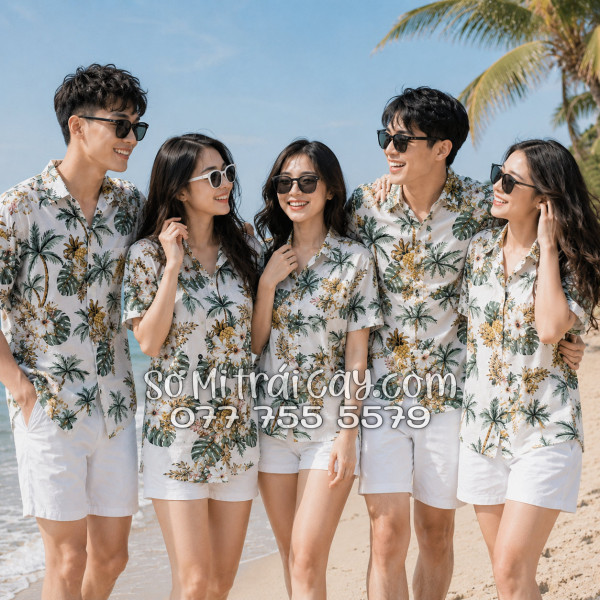 Áo Sơ Mi Trái Cây Vải Đũi Họa Tiết Thơm Dứa Hoa Sứ Tropical