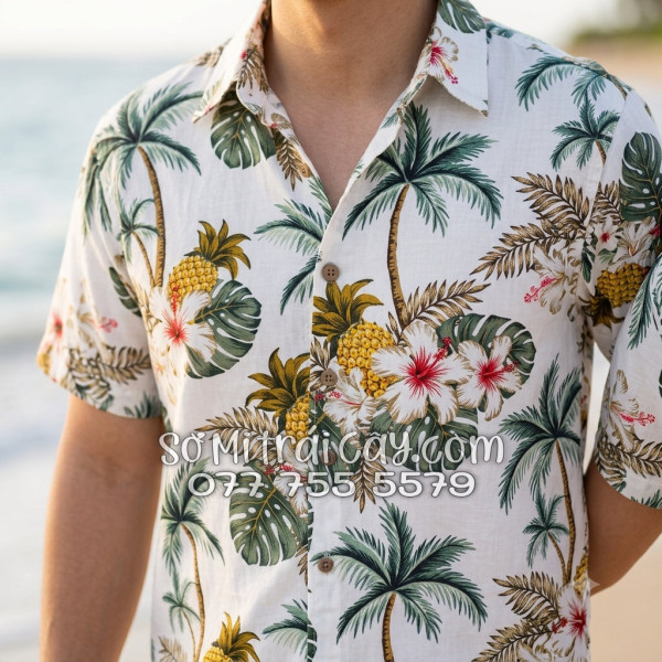 Áo Sơ Mi Trái Cây Vải Đũi Họa Tiết Thơm Dứa Hoa Sứ Tropical