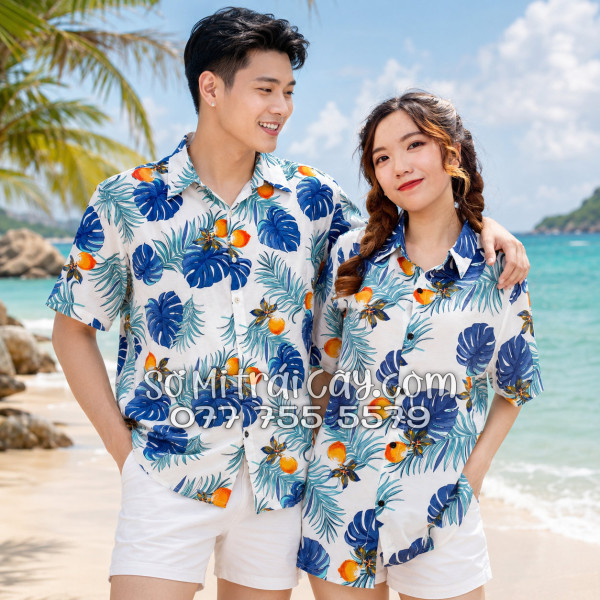 Áo Sơ Mi Trái Cây Vải Đũi Họa Tiết Trái Đào Lá Tropical