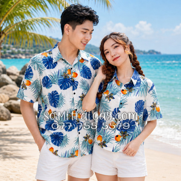 Áo Sơ Mi Trái Cây Vải Đũi Họa Tiết Trái Đào Lá Tropical