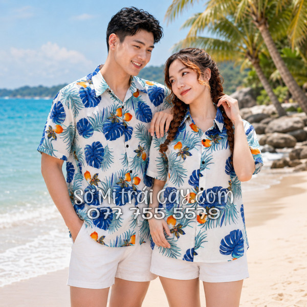 Áo Sơ Mi Trái Cây Vải Đũi Họa Tiết Trái Đào Lá Tropical