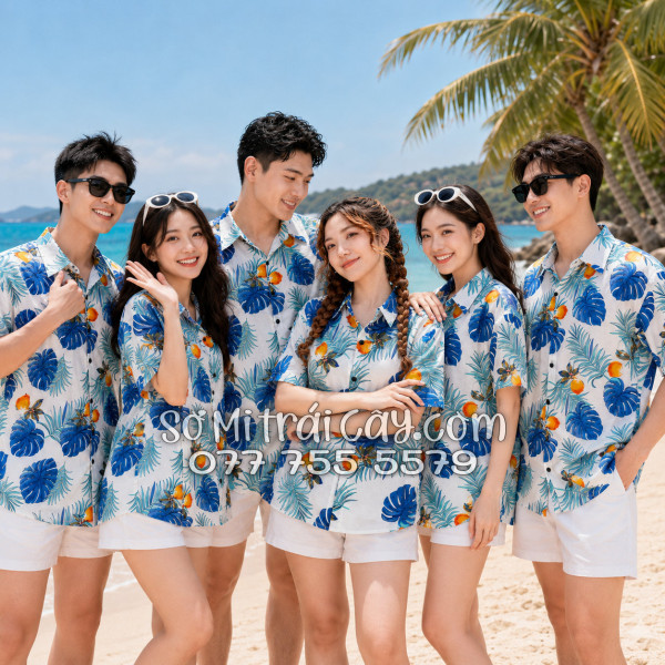 Áo Sơ Mi Trái Cây Vải Đũi Họa Tiết Trái Đào Lá Tropical