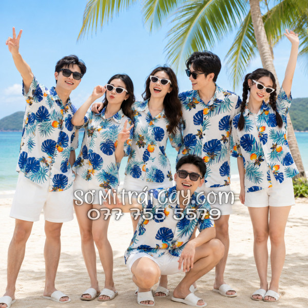 Áo Sơ Mi Trái Cây Vải Đũi Họa Tiết Trái Đào Lá Tropical