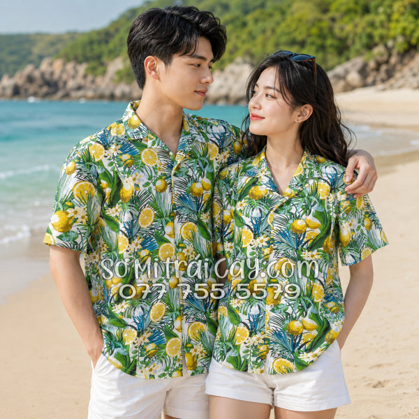 Áo Sơ Mi Trái Cây Vải Đũi Họa Tiết Chanh Vàng Tropical