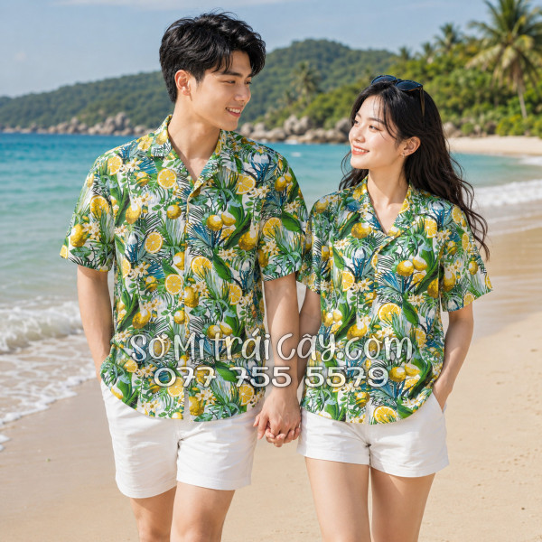 Áo Sơ Mi Trái Cây Vải Đũi Họa Tiết Chanh Vàng Tropical