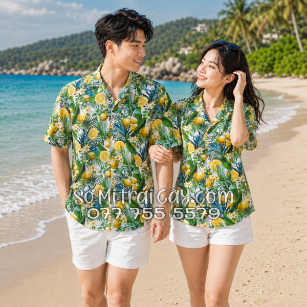 Áo Sơ Mi Trái Cây Vải Đũi Họa Tiết Chanh Vàng Tropical