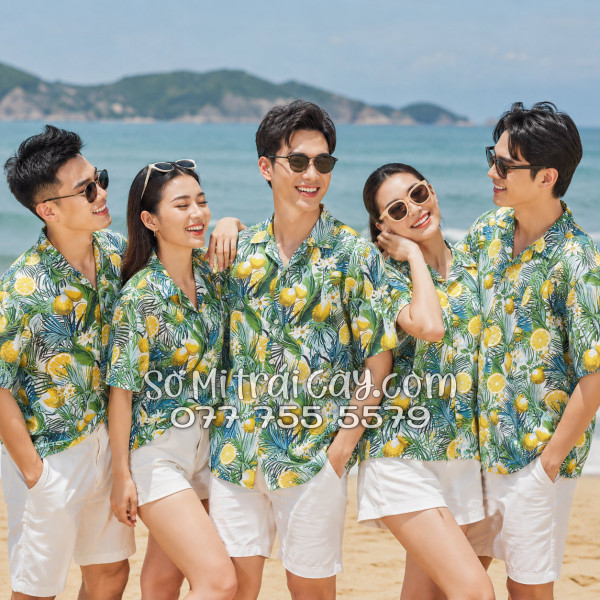 Áo Sơ Mi Trái Cây Vải Đũi Họa Tiết Chanh Vàng Tropical