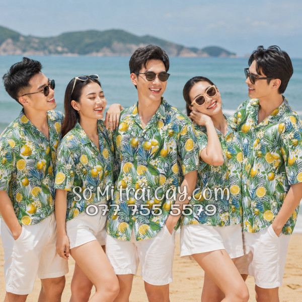 Áo Sơ Mi Trái Cây Vải Đũi Họa Tiết Chanh Vàng Tropical