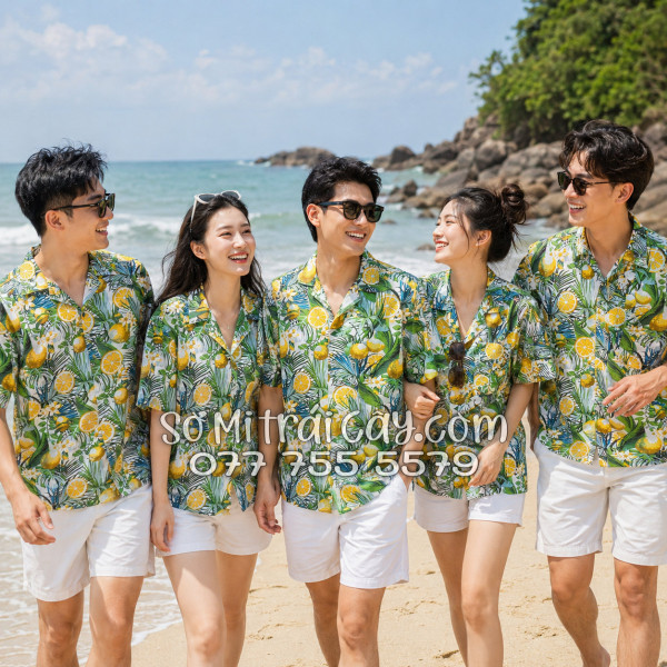 Áo Sơ Mi Trái Cây Vải Đũi Họa Tiết Chanh Vàng Tropical