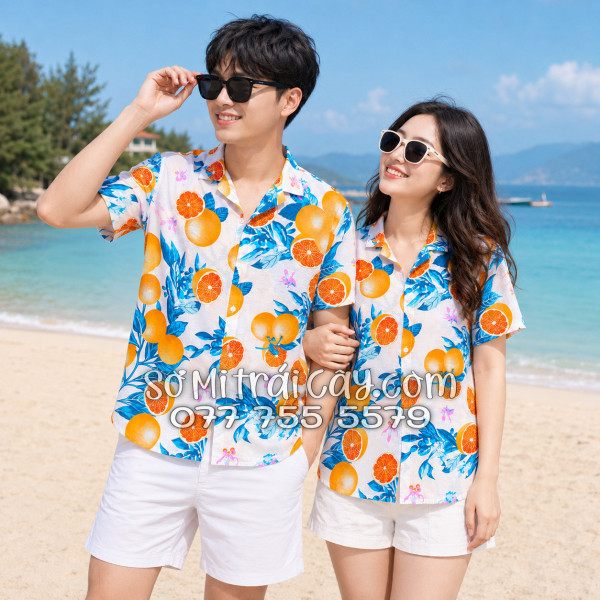 Áo Sơ Mi Trái Cây Vải Đũi Họa Tiết Trái Cam Tropical