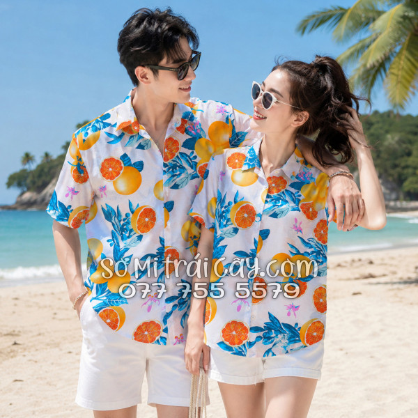 Áo Sơ Mi Trái Cây Vải Đũi Họa Tiết Trái Cam Tropical
