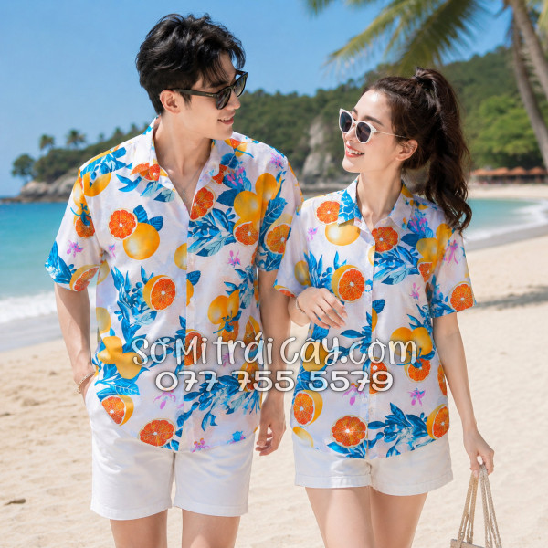 Áo Sơ Mi Trái Cây Vải Đũi Họa Tiết Trái Cam Tropical