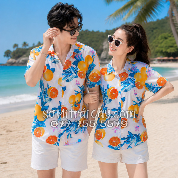 Áo Sơ Mi Trái Cây Vải Đũi Họa Tiết Trái Cam Tropical