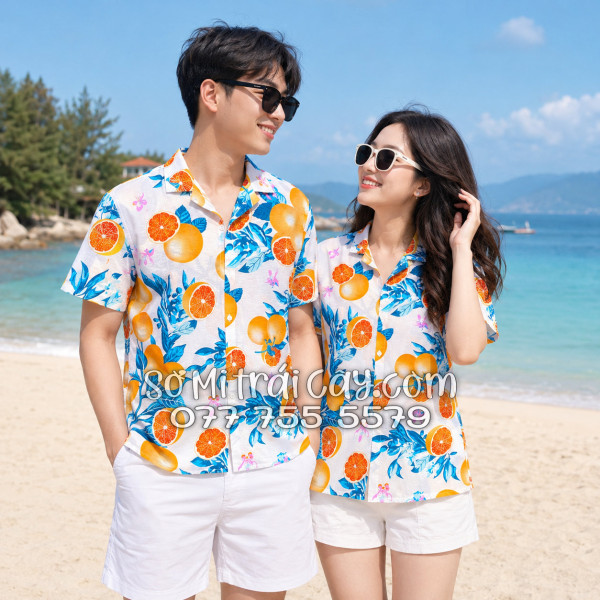 Áo Sơ Mi Trái Cây Vải Đũi Họa Tiết Trái Cam Tropical