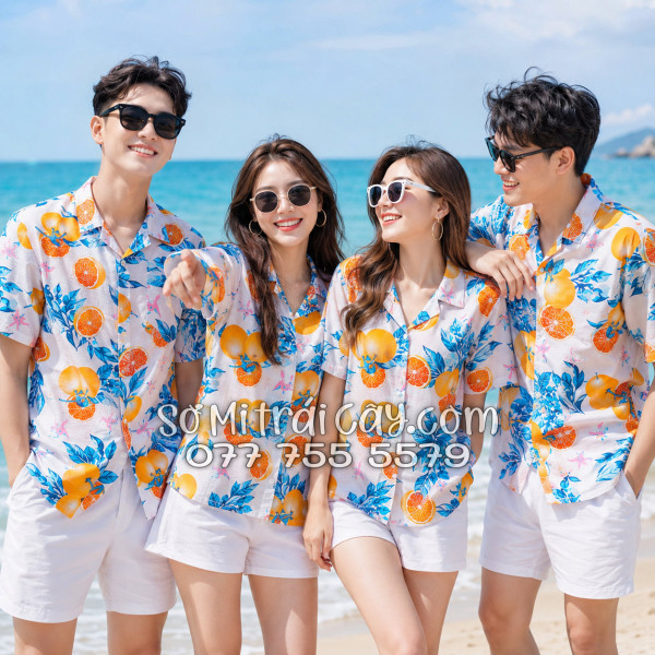Áo Sơ Mi Trái Cây Vải Đũi Họa Tiết Trái Cam Tropical