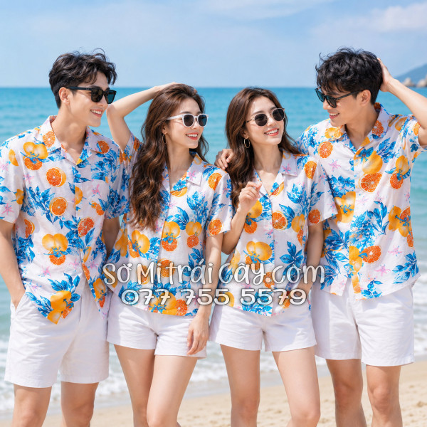 Áo Sơ Mi Trái Cây Vải Đũi Họa Tiết Trái Cam Tropical